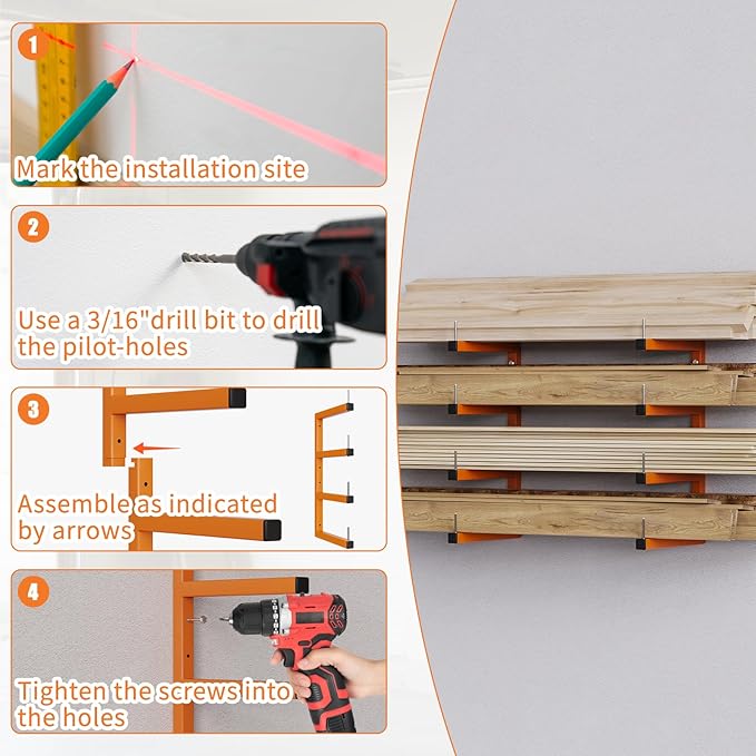 4-Pack Lumber Storage Rack, Wood Storage Racks Wall Mount, Heavy Duty Garage Wood Organizer With 8-Level System, Orange Utility Rack Organization Up 1600 Lbs, Metal Lumber Shelf for Indoor & Outdoor
