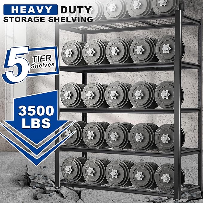 BILT HARD 48" W x 24" D Garage Shelving 3500 LBS, 72" H Storage Shelves, Industrial 5-Tier Heavy Duty Storage Shelves, Steel Shelving with Adjustable Rack, Ideal for Garage, Black