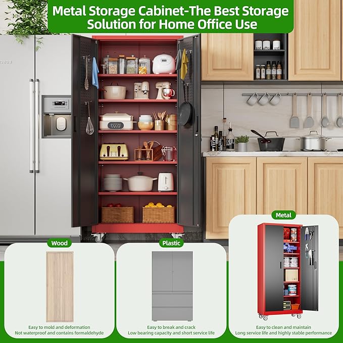 Garage Storage Cabinet with Pegboard and 5 Adjustable Shelves, 71'' x 32'' x 16''Metal Lockable Cabinet with Magnetic Doors,Tool Storage,Home Office Garage,Gym,School (Black-red)