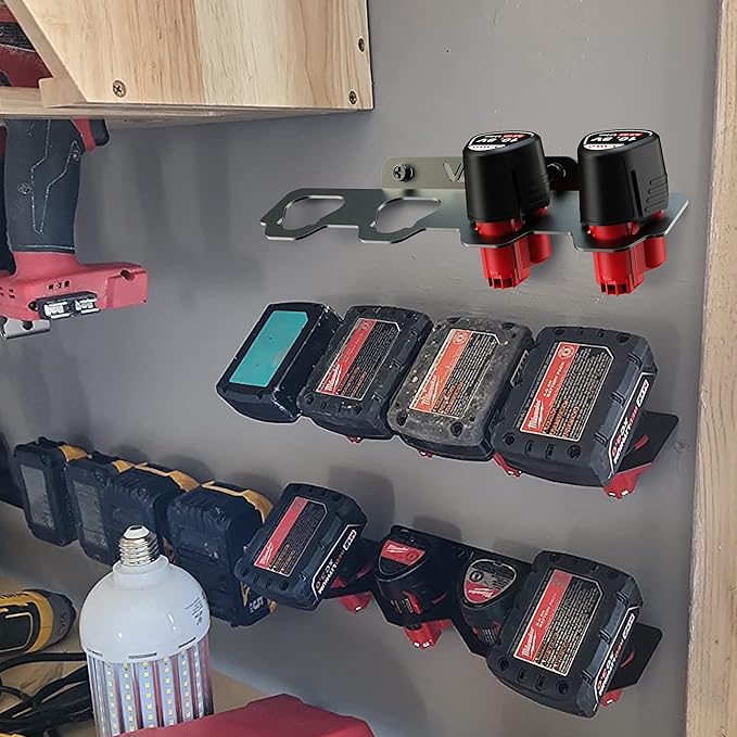 VAIIO Compatible Milwaukee M12 12V Battery Rack Holder, Wrought Iron Heavy Duty Thickened Batteries Slots, Stealth Battery Wall Mount Organizer Garage Storage,Workshops,Shelves,Case New Battery Dock