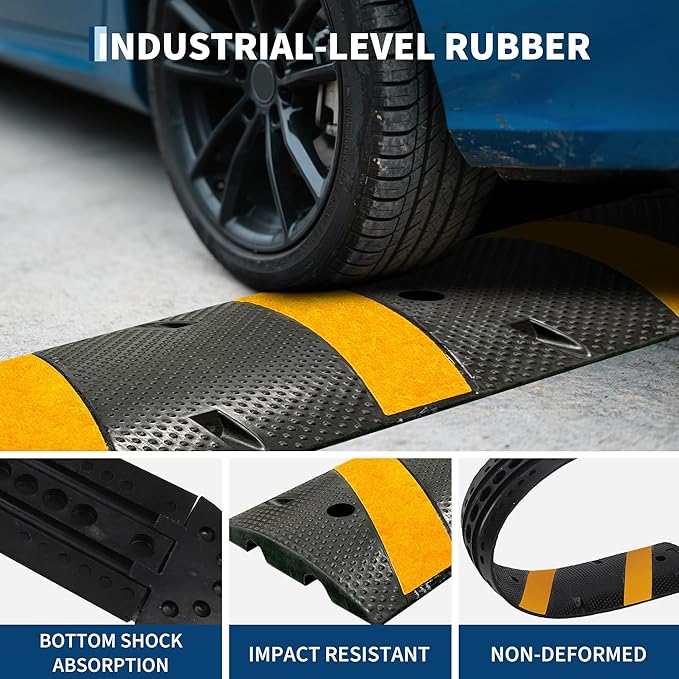 6FT Speed Bumps Wite End for Road, Heavy-Duty 25,000 Lbs Capacity Traffic Rubber Speed Humps with 2 Channel Floor Cord Cover for Asphalt Concrete Gravel Driveway Road