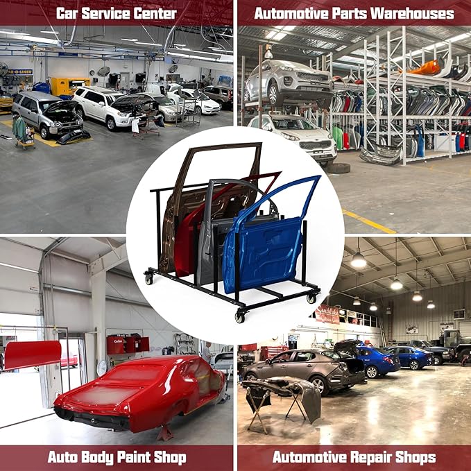 Vehicle Door Storage Cart, 4 Door Storage Rack with Dedicated Area for Each Door Maximize Space Utilization 4 Inch Swivel Caster Allow Floor Mobile Vehicle Door Storage Cart Smooth Maneuverability