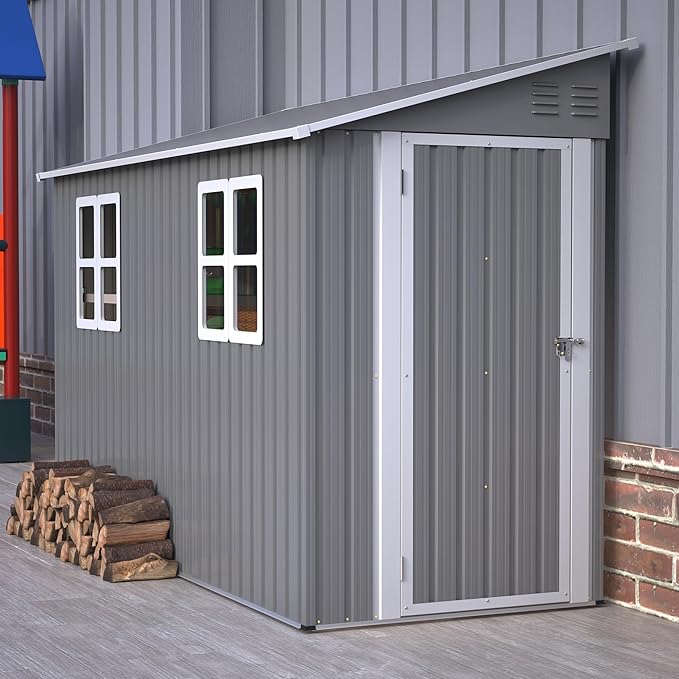 4 x 10 FT Metal Outdoor Storage Shed with Foundation and 2 Windows, Lean to Storage Sheds w/Lockable Door & Air Vents, All Weather Waterproof Garden Tool House for Backyard, Patio, Lawn, Gray
