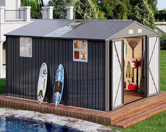AMERLIFE 10.1x11.5x7.4 FT Galvanized Steel Storage Shed with Dual Transparent Panels, 2 4-Pane Windows & Hinged Double Doors, Outdoor Shed for Backyard, Patio, Garden, Dark Grey