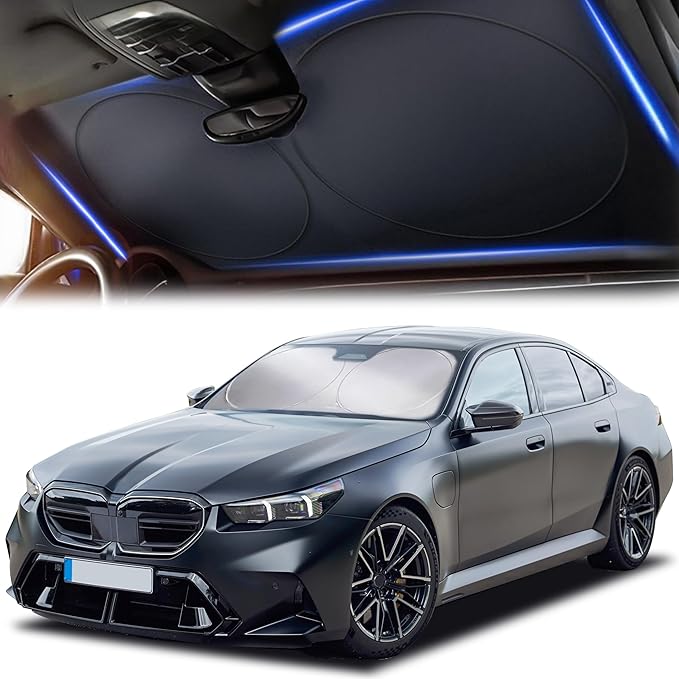 Windshield Sun Shade for Car, SUV & Truck – Patented Design Blocks 99% UV Rays & Heat | 240T Reflective Polyester Sunshade with Storage Bag | Keeps Vehicle Interior Cool | Universal Fit S(59" x 29")