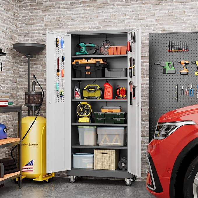 Metal Garage Cabinet with Wheels and Pegboard 71'' x 32'' x 16'', Lockable Rolling Steel Cabinet with 5 Adjustable Shelves and Door for Garage, Office, Kitchen, Assembly Required