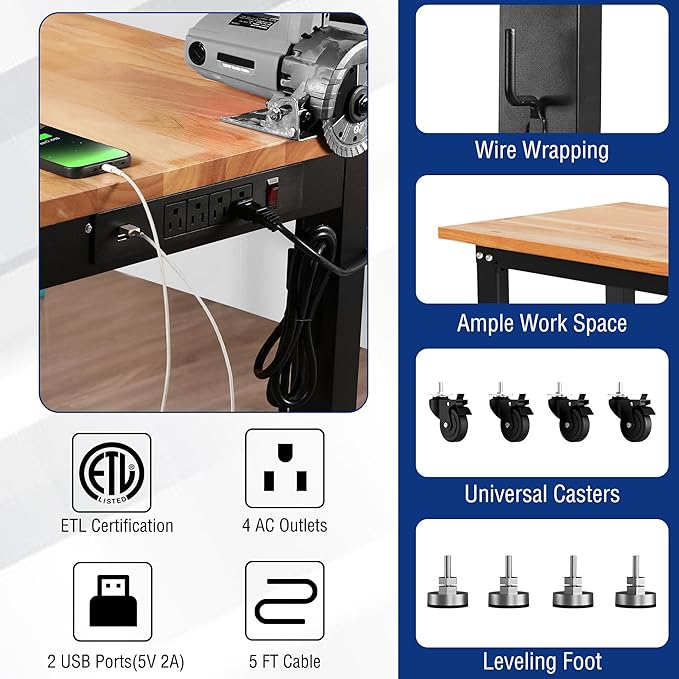 WORKPRO Garage Workbench, 48"X22" Adjustable Workbench with Wheels and Leveling Foot, Rubber Wood Top Work Desk with Power Outlets, 1500 LBS Workbenches for Garage, Workshop