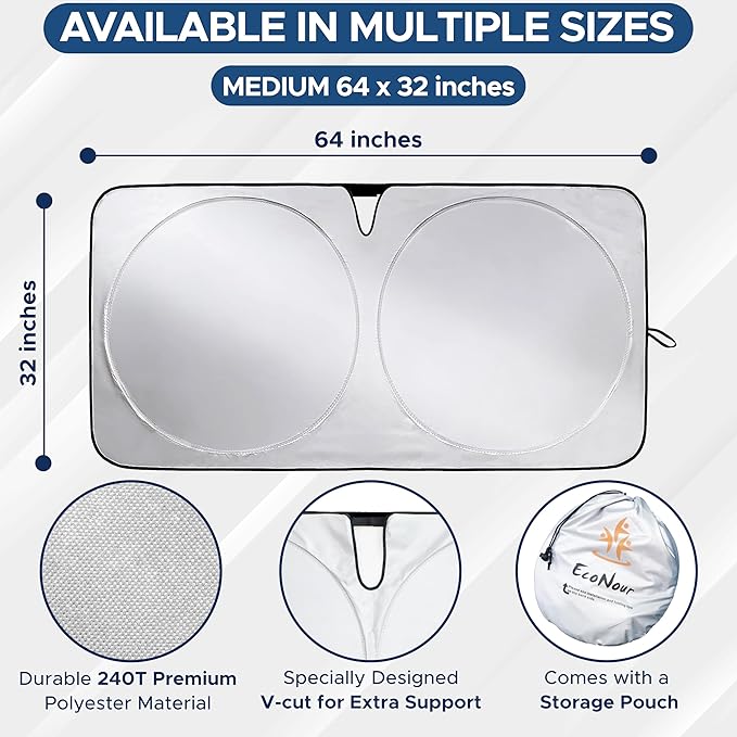EcoNour Mirror Cut Foldable Windshield Sun Shade for Car | 240T UV & Heat Reflective Sunshade with Storage Pouch | Keeps Interior Cool | Fits Most Sedans, SUVs & Trucks – Medium (64" x 32")