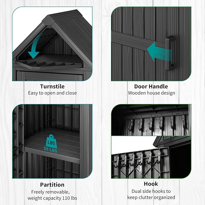 Shed Outdoor Storage Shed with Sloping Roof and Lockable Door, Resin Outdoor Storage Box Cabinet Waterproof and Multiple Hooks for Backyard, Patio, Poolside, Black