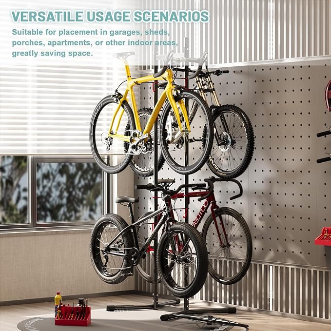 Urban Deco 2-4 Bike Storage Rack Garage Max154lbs, Freestanding Indoor Bike Rack with Adjustable Hooks, Vertical Bike Floor Stand for Road, Mountain and Hybrid Bike, Black
