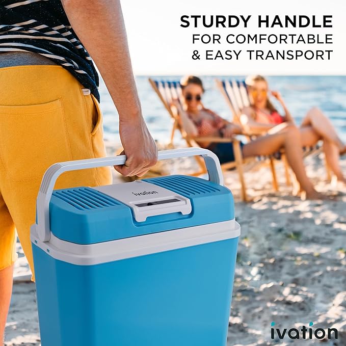 Ivation Electric Cooler & Warmer with Handle | 24 L Portable Thermoelectric Fridge for Vehicles & Trucks| 110V AC Home Power Cord & 12V Car Adapter for Camping, Travel & Picnics