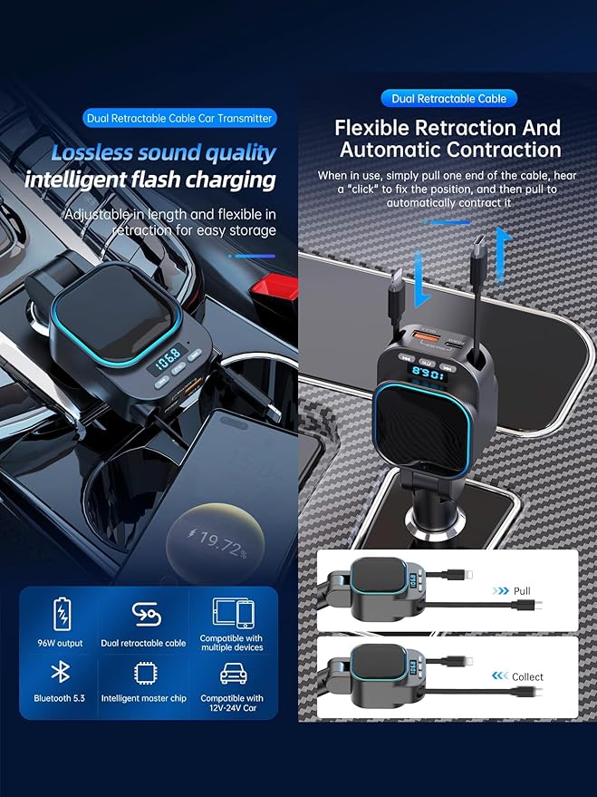 Retractable Car Charger 96W with Bluetooth Car Adapter, 4 in 1 Fast Charging, Radio Bluetooth 5.3 FM Transmitter, Handsfree Calling, USB C Phone car Charger Adapter for iPhone 16 15 14 13 12