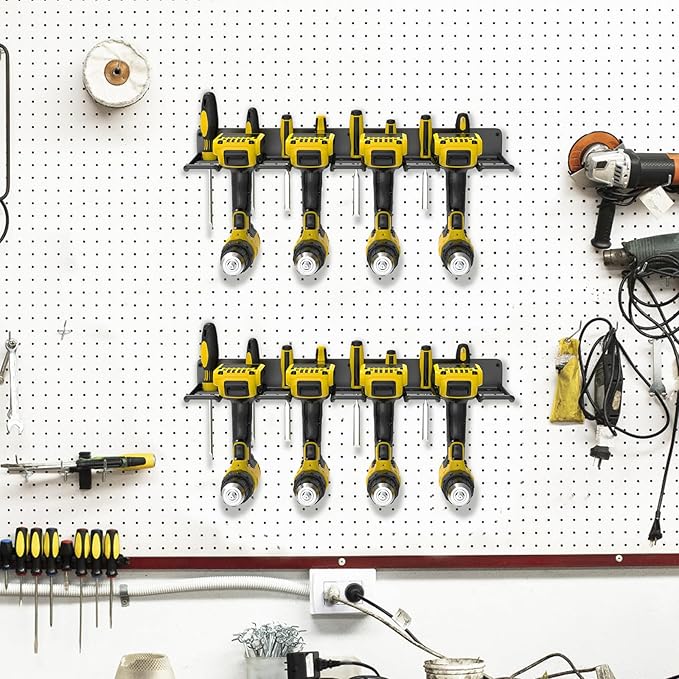 Drill Holder Wall Mount, Power Tool Organizer, Heavy Duty Metal Tool Storage with 8 Drill Racks for Garage Workshop Shed Pegboard Basement, 2 Pcs