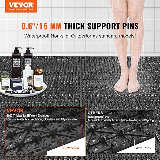 VEVOR Interlocking Tile 50PCS Black, Drainage Tiles 12" x 12" Splicing, Soft PVC Interlocking Drainage Floor Tiles, Non-Slip Drainage Holes for Restroom, Bathroom, Kitchen, Pool, Wet Areas