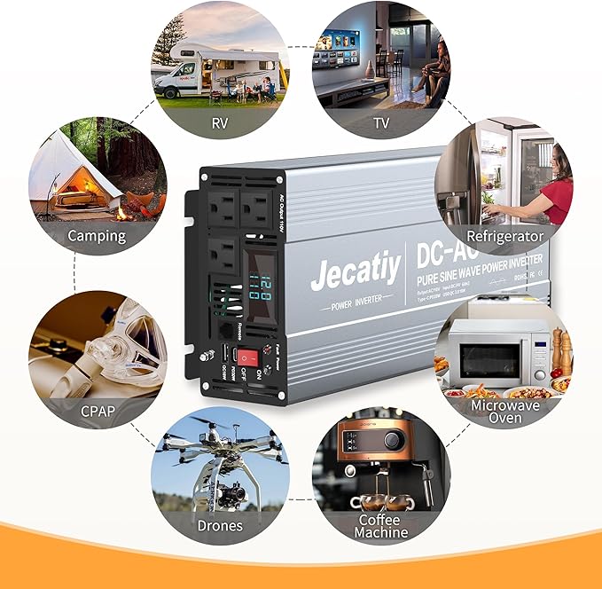 3000 Watt Pure Sine Wave Power Inverter DC 24V to 110V/120V AC Converter with 3 AC,18W USB, and 30W Type-C Charging Ports, Car Solar Power Inverters with LCD Display for Home RV Truck
