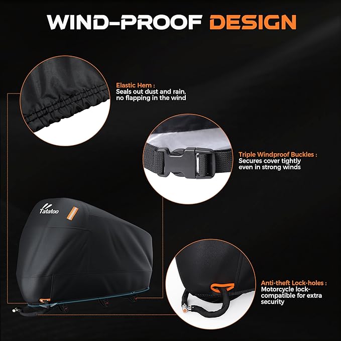 Motorcycle Cover Waterproof Outdoor, 300D Heavy Duty, UV & Rain Resistant, Windproof with 3 Buckles, Fits Most Motorcycles, Cruisers, Sportbikes, Dirt Bikes, Scooters up to 96.5" - XXL Size