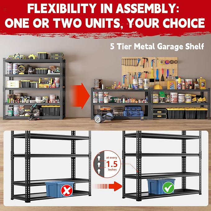 48" Wide Garage Shelving Heavy Duty 3000LBS, 5 Tier Adjustable Storage Rack, 72" H x 48" W x 24" D Boltless Shelving Unit for Garage, Warehouse, Basement, Workshop