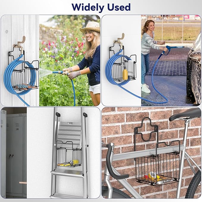 Garden Hose Holders for Outside Metal Water Hose Holder Wall Mount Hose Hanger with Storage Basket Heavy Duty Waterhose Holder for Outside Hose Rack Outdoor Hose Caddy Hook for Garden Organizer Black