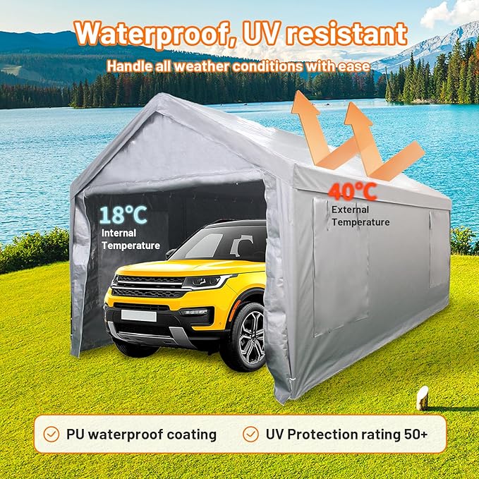 Auraway Carport 12'x20' All-Season Portable Garage Carport, Heavy-Duty Canopywith Roll-Up Vent Windows, Front and Rear Zip Doors, Sandbags, for Cars, Motorcycles and Outdoor Storage (Grey)