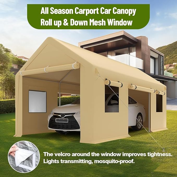 10x20 Ft. Metal Carport Garage with PE Fabric and Galvanized Steel Frame Outdoor Shelter for Cars, Trucks and Boats with 4 Doors and Mesh Windows for Ventilation - Yellow