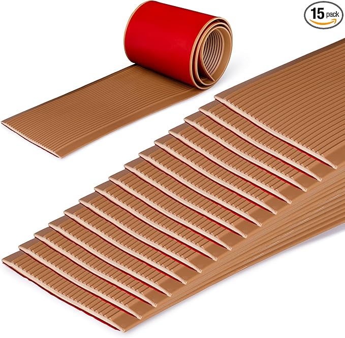 Rubber Bond 4x36in Anti Slip Stair Treads (15-Pack) - Waterproof Outdoor/Indoor Heavy Duty Non-Skid Tape for Stairs - Adhesive Rubber Grip Strips for Steps & Ramps - Brown