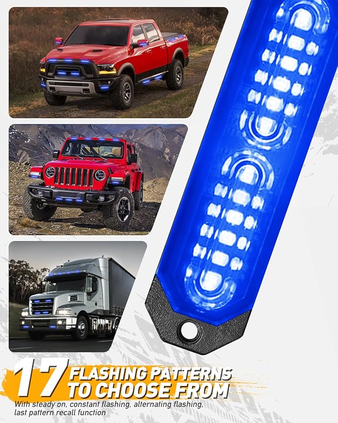 HLauto 1200T Emergency Strobe Grille Lights: 8pcs 12 LED Sync Feature Safety Warning Flashing Light, Ultra Slim Surface Mount Hazard Caution Lights for Trucks, Vehicles, Car, ATV, UTV (Blue)
