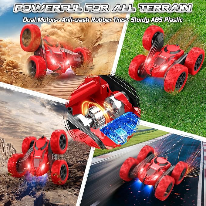 Remote Control Car for Boys - Car Toy for Kids Age 6 7 8 9, 4WD 2.4Ghz Double Sided 360° Rotating RC Cars with Headlights, Christmas Birthday for Boys and Girls - Red