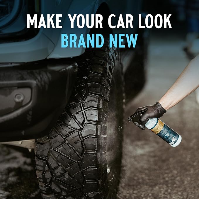 SOCAR Blue Suede Tire Shine Spray & Protectant. New-Tire Smooth Shine. for Rubber, Vinyl, Plastic, Leather, 16 fl oz. UV Protection, No Sling, for Cars, Motorcycles, RVs.