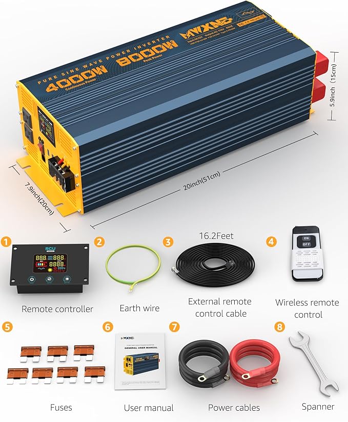 4000W Pure Sine Wave Power Inverter DC 12V to AC 110V 120V for Home RV with Dual AC Outlets 1 USB-C(60W) 3 USB-QC3.0 Fast Car Charger Adapter, LCD Display and Remote Control