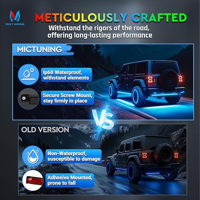 MICTUNING 8Pcs N8+ RGBW Underglow LED Lights for Cars, APP & Remote Dual Control, IP68 Waterproof Aluminum Multicolor Modes Music Soundsync Exterior Neon Accent LED Light Bar, 2 Years Warranty