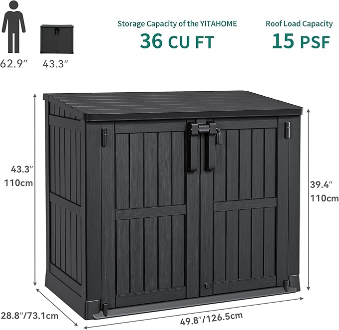 YITAHOME Light Gray Resin Tool Shed, 36 Cu Ft Waterproof Outdoor Horizontal Storage, Weather-Resistant Utility Shed with Air Vent for Trash and Lockable Doors, Garden Tools