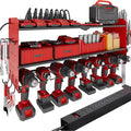 Suchtale Power Tool Organizer with Charging Station,33.2" Garage 8 Drill Holders Wall Mount,3 Layers Heavy Duty Metal Tool Shelf Built in 8 Outlets Power Strip, Gift for Men, Father, Red