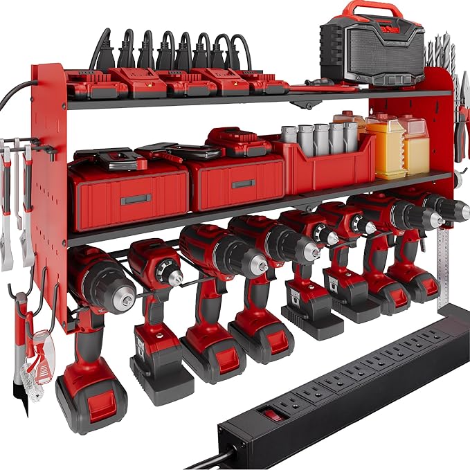 Suchtale Power Tool Organizer with Charging Station,33.2" Garage 8 Drill Holders Wall Mount,3 Layers Heavy Duty Metal Tool Shelf Built in 8 Outlets Power Strip, Gift for Men, Father, Red