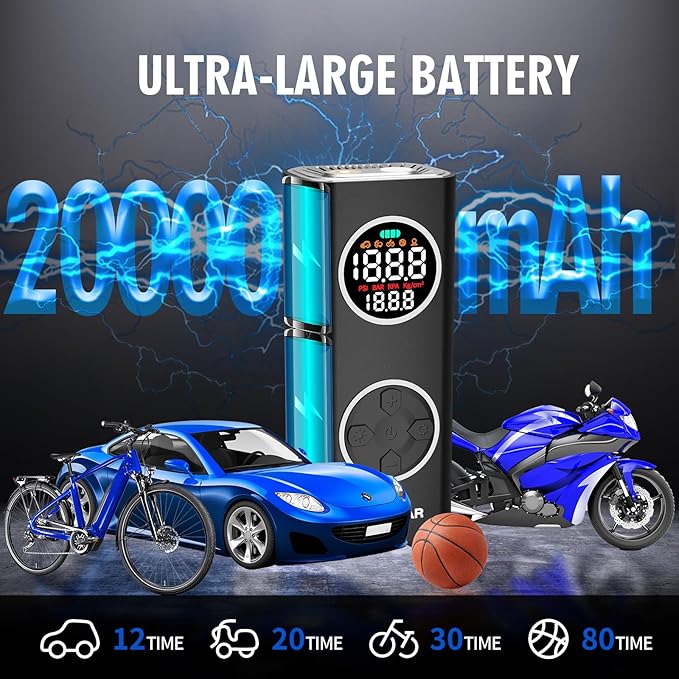 Cordless Tire Inflator with Dual Nozzle & Digital Gauge, 150PSI Portable Air Compressor for Car SUV Motorcycle Bike Tires, USB-C Rechargeable, Auto Shut Off, LED Light, 20000mAh 12V DC Power