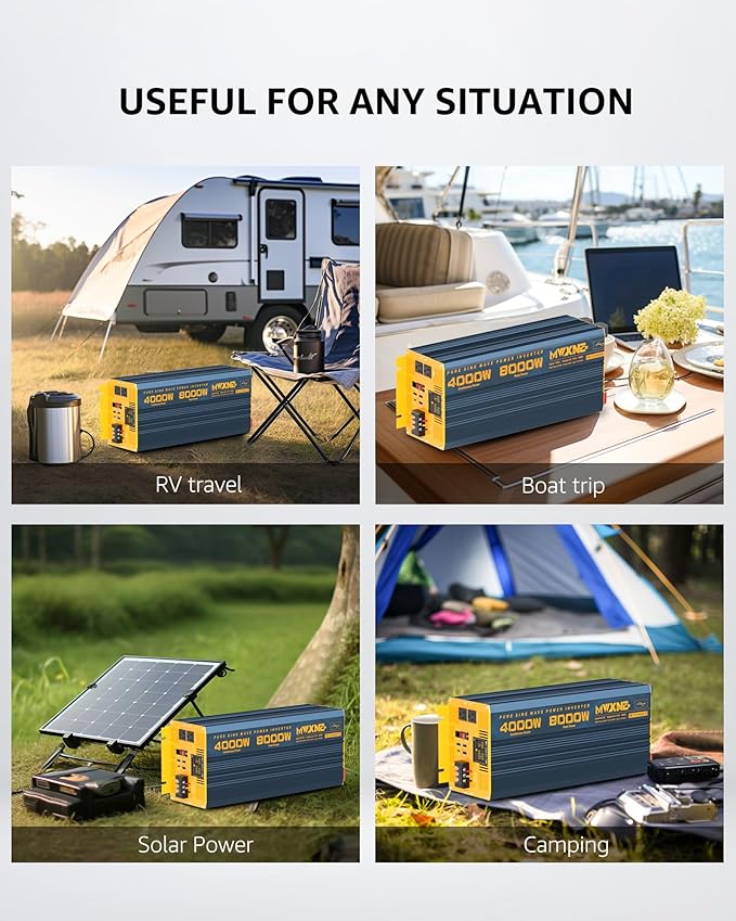 4000W Pure Sine Wave Power Inverter DC 48V to AC 110V 120V for Home RV with Dual AC Outlets 1 USB-C(60W) 3 USB-QC3.0 Fast Car Charger Adapter, LCD Display and Remote Control