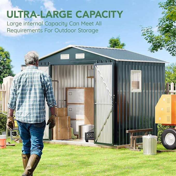 6X8X6.4FT Outdoor Steel Storage Shed with Lockable Doors, Frame Floor (No Wood/Other Boards),One Clear Window,Ideal for Garden, Backyard, Patio Storage