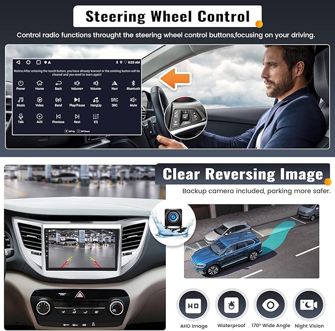 UNITOPSCI 4G+64G 8Core Android 13 Car Stereo for Hyundai Tucson 2015-2018 Wireless Apple CarPlay Android Auto 9” Touchscreen Bluetooth 5.0 GPS Navi DSP Mirror Link WiFi FM/RDS SWC+Backup Camera Mic