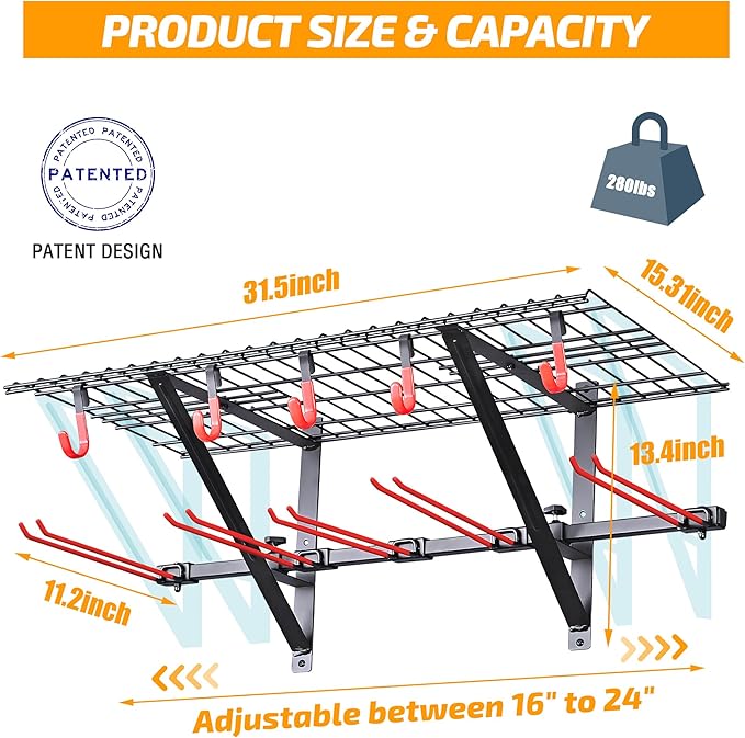 PLKOW Wall-Mounted Ski Rack, Skis Storage Rack for Garage Shed with Top Storage Shelf, Customizable Spacing, Supports Up to 280 lbs, Steel