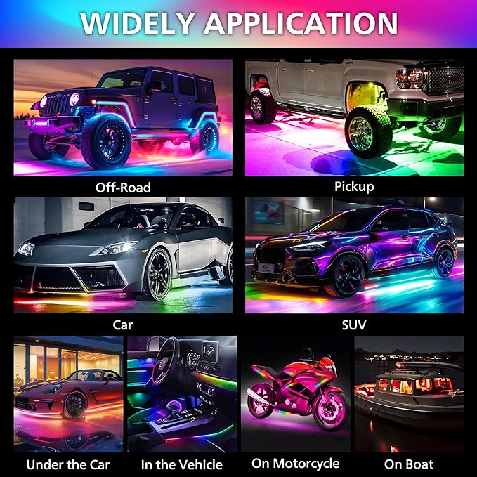 Underglow LED Lights for Cars 180 LEDs RGBI Neon Accent Strip Lights with App 16 Million Colors DIY & Music Mode Underbody Exterior Lights Kit for RV SUV Truck Boat 12V