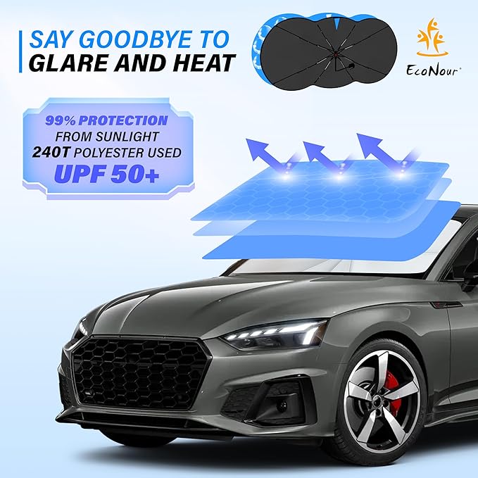 EcoNour Car Windshield Sunshade Umbrella | Foldable Windshield Sun Shade Cover | Front Car Window Shade for Maximum UV Rays & Heat Protection | 240T Polyester Umbrella Sunshade