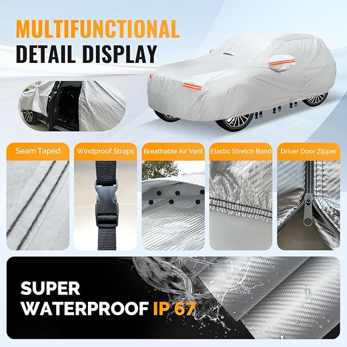 30 Layers SUV Car Cover for Automobiles All Weather Waterproof, Outdoor Snowproof UV Protection Windproof, Door Zipper, Soft Cotton, Heavy Duty Universal Car Covers, (Silver, Fit SUV 191"-200")