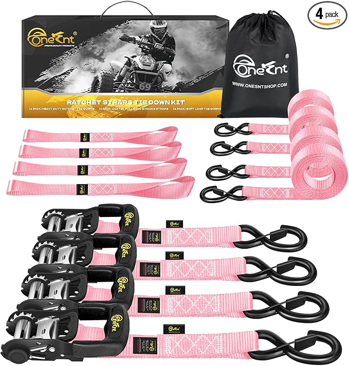 4Pcs Heavy Duty Ratchet Straps-1.6”x16ft Ratchet Strap Tie Down Kit with Padded Handles+Coated S Hooks+Soft Loop Tie-Downs-6000 Pound Break Strength（Pink）