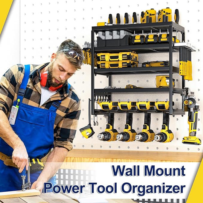 Power Tool Organizer, 5 Layer Drill Holders Wall Mount, Heavy Duty Metal Organizers and Storage Rack for Garage Organization, Tools Shelves with Screwdriver Plier Hammer Holder, Black