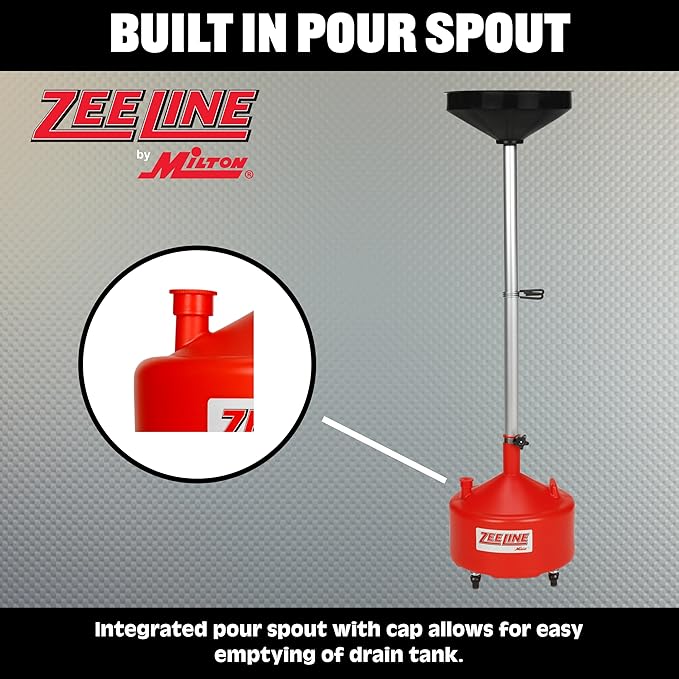 Zeeline By Milton ZE8DC, Rolling Oil Drain Pan, 8 Gallon Oil Drain with Adjustable Funnel, 2 Inch Drain Port with Cap, Wide Drain Pipe for Faster Draining, Oil Drain with 4 Swivel Casters
