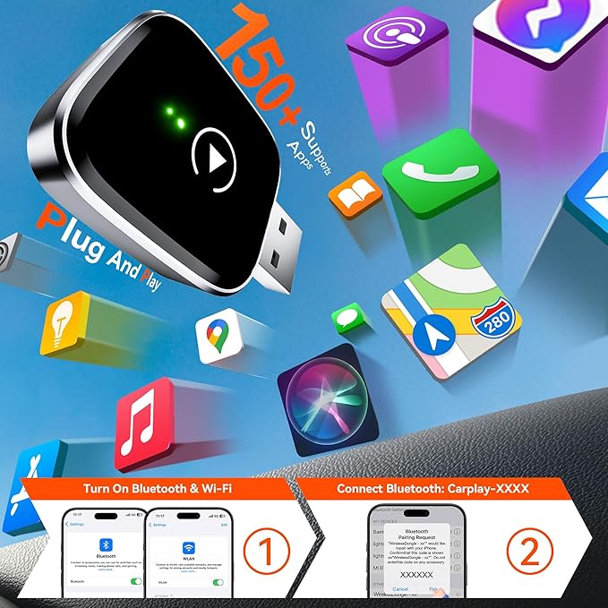 Redlake Wireless CarPlay Adapter for iPhone 2025 Wireless Apple CarPlay Adapter Mini Size with Cable USB & USB-C/Type-C Plug and Play Stable Connection and No Delay