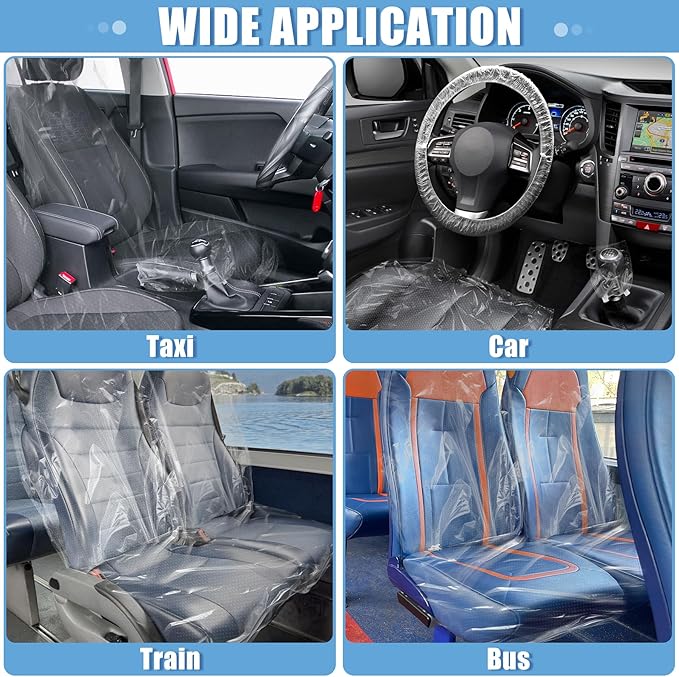MYFAMIREA 250 PCS Disposable Car Seat Covers Clear Plastic Vehicle Seat Protector Set with Steering Wheel, Gear Shift and Handbrake Covers, Universal for Cars Auto Truck Bus Airplane