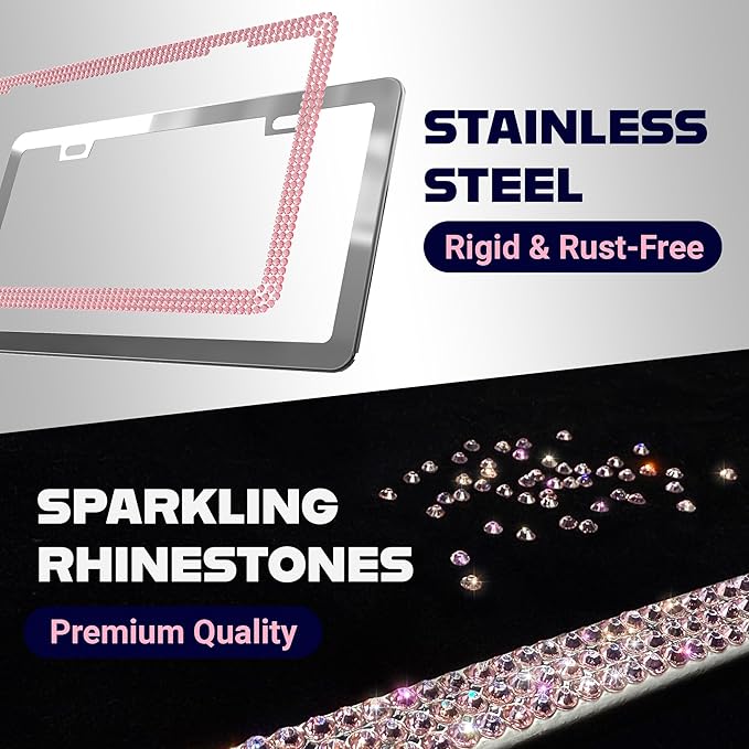 Glamorous Bling License Plate Frame for Women - 1 Pack, 800 Premium Pink Rhinestones, Rust-Free Stainless Steel, Street Legal Slim Design, Sparkly Diamond Car Tag Holder with Glitter Crystal Covers