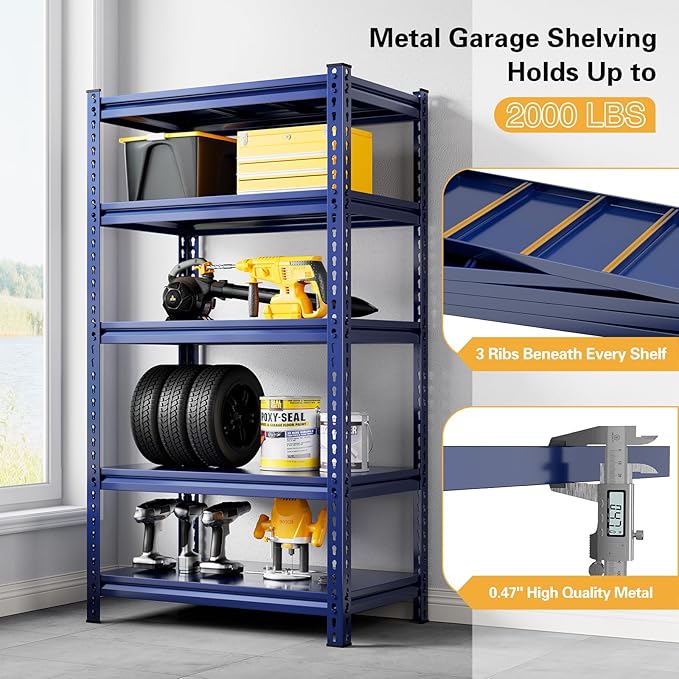 REIBII Garage Shelving 2000 LBS Storage Shelves Heavy Duty Metal Shelving Unit Shelf for Pantry Closet,Kitchen,Commercial,Warehouse,32" W x 17" D x 72" H,Blue