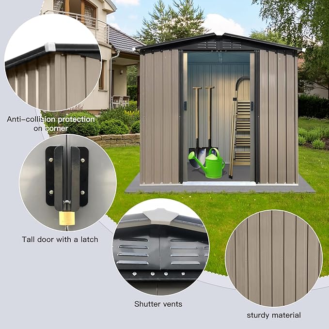4 x 6 FT Metal Garden Shed, Outdoor Storage Shed with Sliding Doors, Rust-Resistant Steel Construction for Tools, Hobbies & Workshop Use, Brown