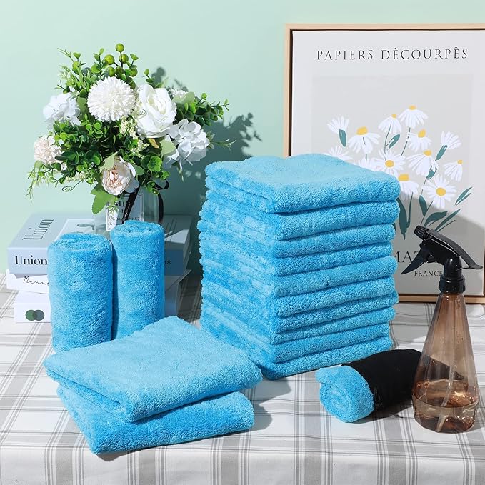 Shimeyao 30 Pcs Edgeless Microfiber Plush Towels for Cars Detailing Drying Wash Polishing Absorbent Cleaning Cloths, 500 GSM, 16 x 16 Inch(Light Blue)